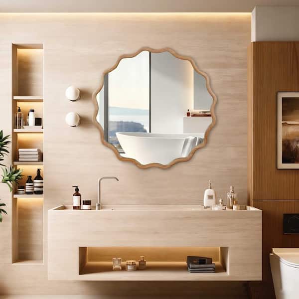 36 in. W x 36 in. H Wavy Round Framed Wall Bathroom Vanity Mirror with Sturdy Frame in Natural