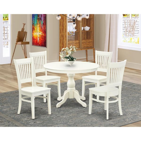 East West Furniture 5-Piece Round Linen White Finish Solid Wood Top Dining table with 4 Chairs with Slat Back