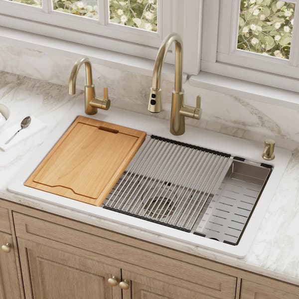 QTWS-875 Quartz/Granite 33 in. Single Bowl Drop-In Workstation Kitchen Sink in White