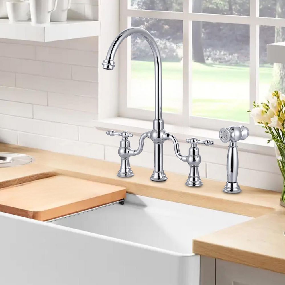 Double Handle Deck Mounted Brass Bridge Kitchen Faucet with Side Sprayer in Polished Chrome