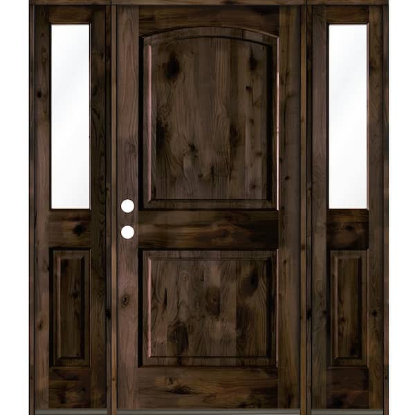 Krosswood Doors 64 in. x 80 in. Knotty Alder 2-Panel Right-Hand/Inswing Clear Glass Black Stain Wood Prehung Front Door with Sidelites