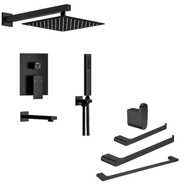 YAWWALK 10 in. Double Handles 3-Spray Tub and Shower Faucet 2.5 GPM and Towel Racks in Matte Black Valve Included