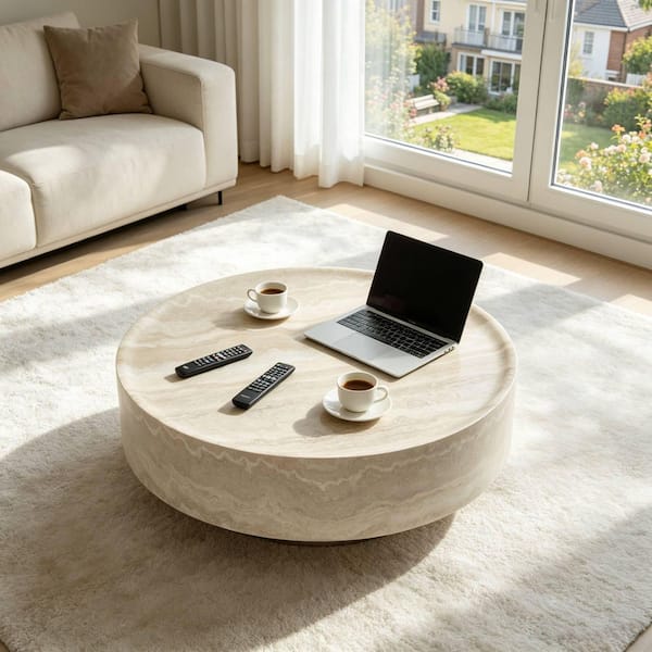 Nen 31.5 in. Beige Round Fiber Glass Coffee Table with Wood Base