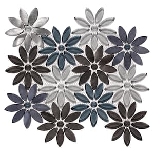 Fresh Qerbera Blue/Black/Gray 9.5 in. x 11.5 in. Floral Pattern Smooth Matte Glass/Metal Mosaic Tile (3.8 sq. ft./Case)