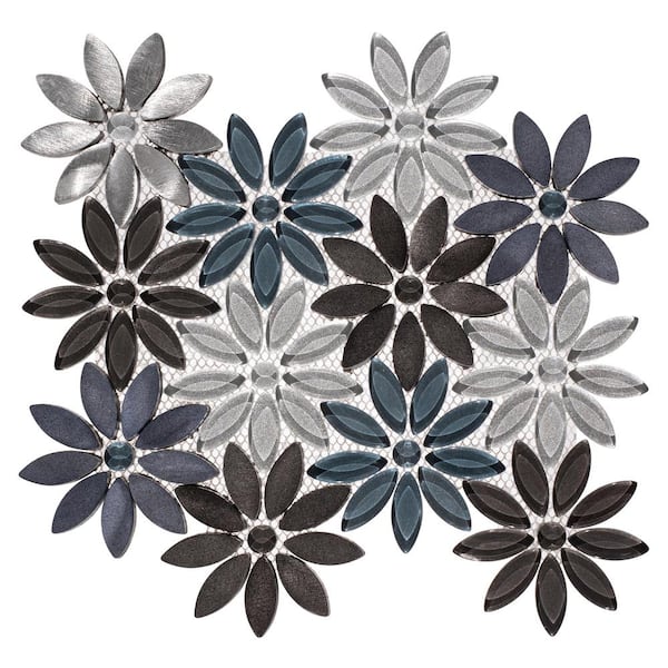 ANDOVA Fresh Qerbera Blue/Black/Gray 9.5 in. x 11.5 in. Floral Pattern Smooth Matte Glass/Metal Mosaic Tile (3.8 sq. ft./Case)