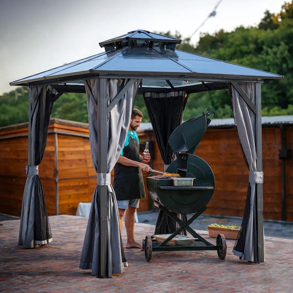 8 ft. x 8 ft. Outdoor Hardtop BBQ Grill Gazebo with UV-Resistant Polycarbonate Roof and Storage Hooks for Patio, Lawn