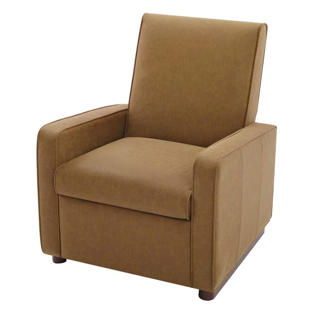 Three-quarter view of a brown faux leather recliner chair.