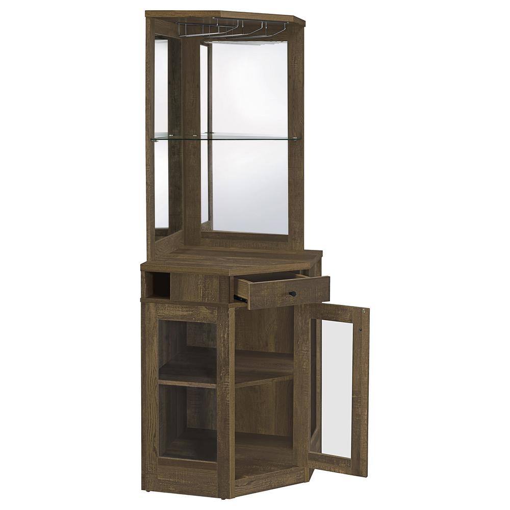 Rustic Oak Corner Bar Cabinet with Mirrored Back and Glass Shelf
