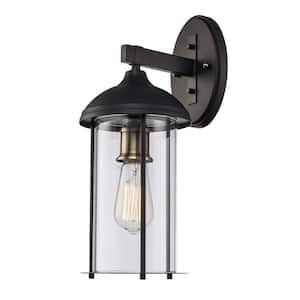 Blues 16.5 in. 1-Light Oil Rubbed Bronze and Antique Gold Outdoor Wall Light Fixture with Clear Glass