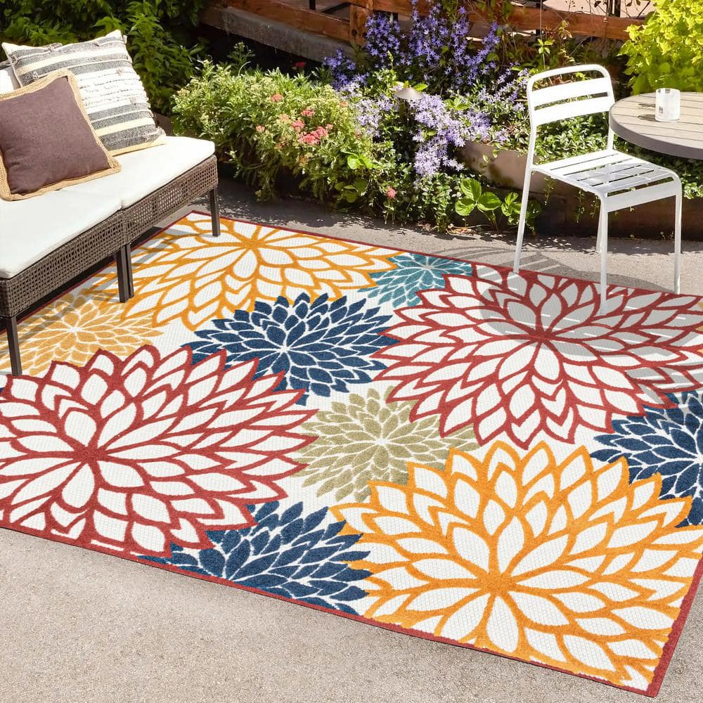 Minori Cream Red Blue Floral Synthetic Indoor Outdoor Rug