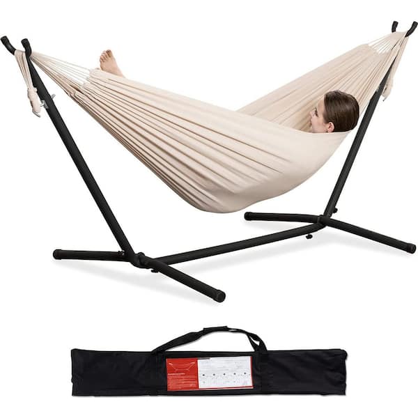 Unbranded 9 ft. Quilted Reversible Hammock, Capacity 2 People Standing Hammocks and Portable Carrying Bag ( Beige )