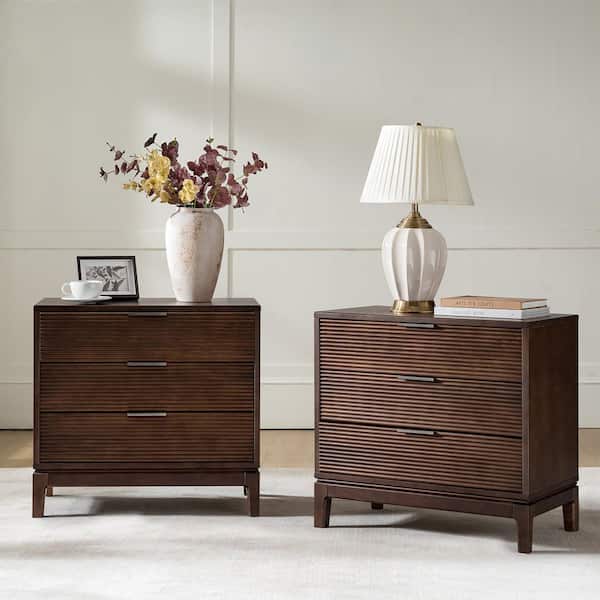 Peter Walnut 3-Drawer 28 in. W Nightstand with Charging Station (Set of 2)