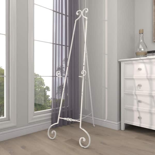 Litton Lane 61 in. White Metal Large Adjustable Display Stand Floor 3 Tier Scroll Easel with Chain Support