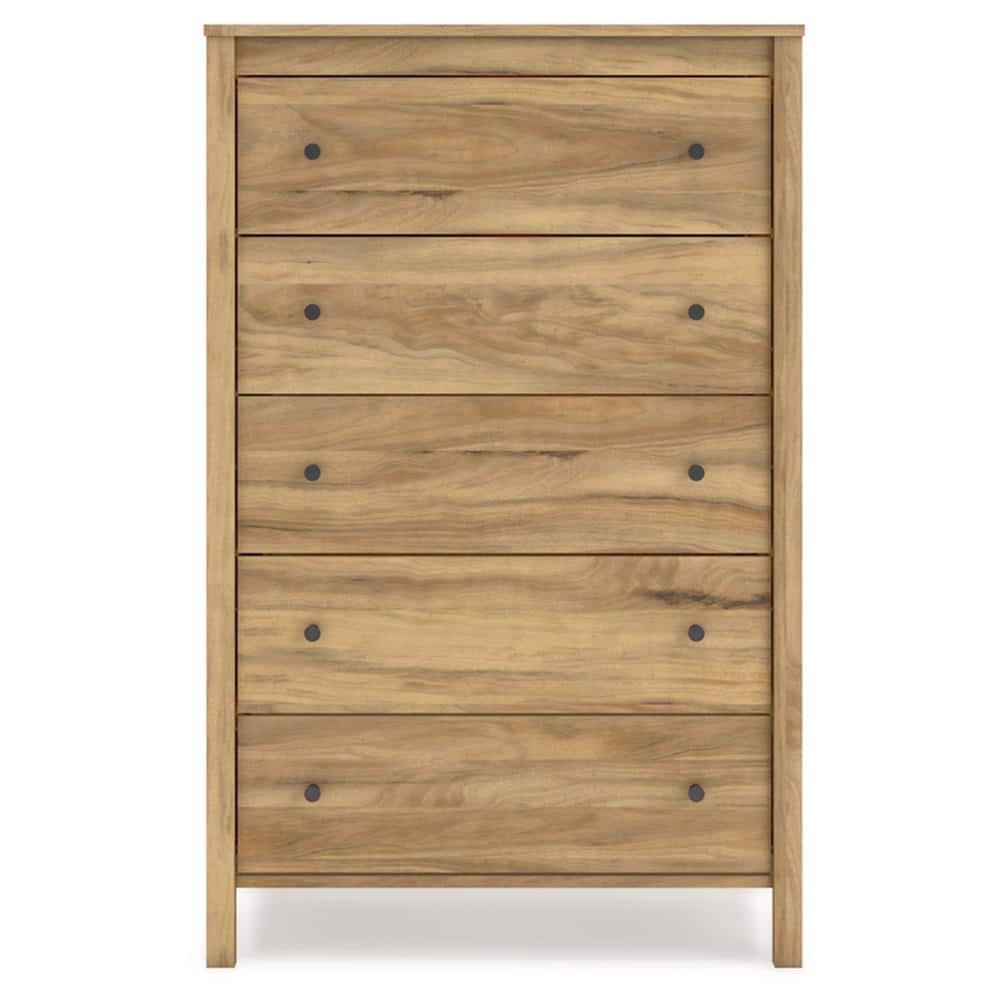 Light Brown 5-Drawer Tall Dresser with Dark Bronze Knobs