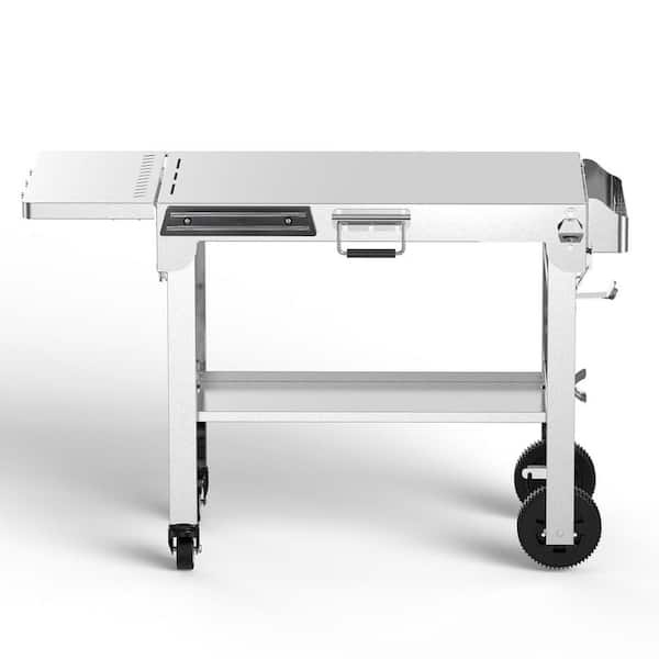 42.91-inch stainless steel portable 2-shelf outdoor grill table with wide casters