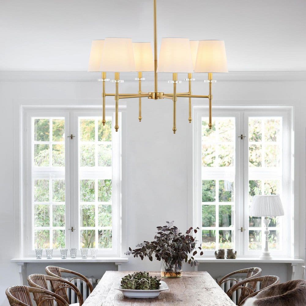 Cillian 27" Satin Gold Brass 6-Light LED Chandelier with White Fabric Shades