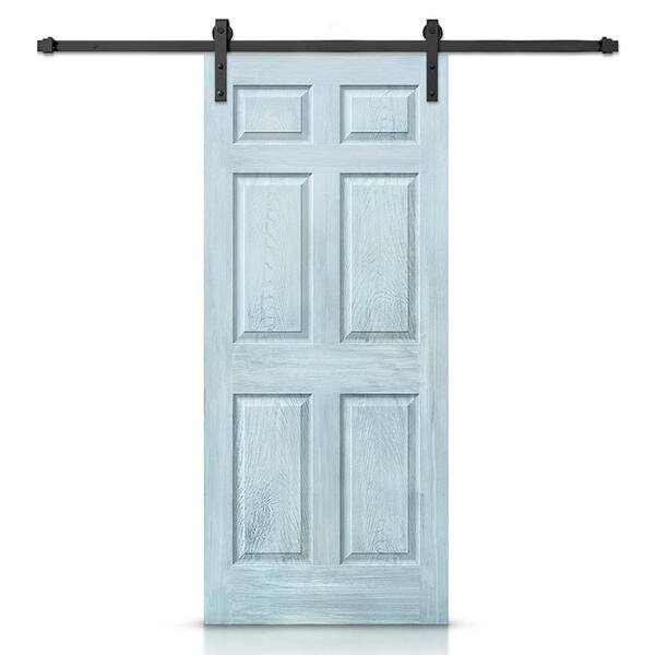 CALHOME 30 in. x 80 in. Vintage Denim Blue Stain Composite MDF 6 Panel Interior Sliding Barn Door with Hardware Kit