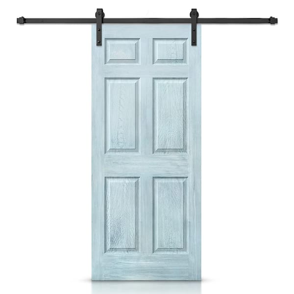 CALHOME 36 in. x 80 in. Vintage Denim Blue Stain Composite MDF 6 Panel Interior Sliding Barn Door with Hardware Kit