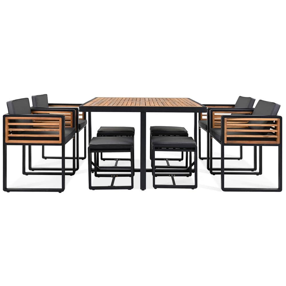 9-Piece Acacia Wood Outdoor Dining Set with 4 Ottomans and 4 Chairs with Gr