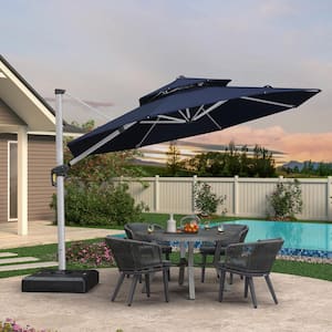 11 ft. Octagon High-Quality Aluminum Cantilever Polyester Outdoor Patio Umbrella with Base, Navy Blue
