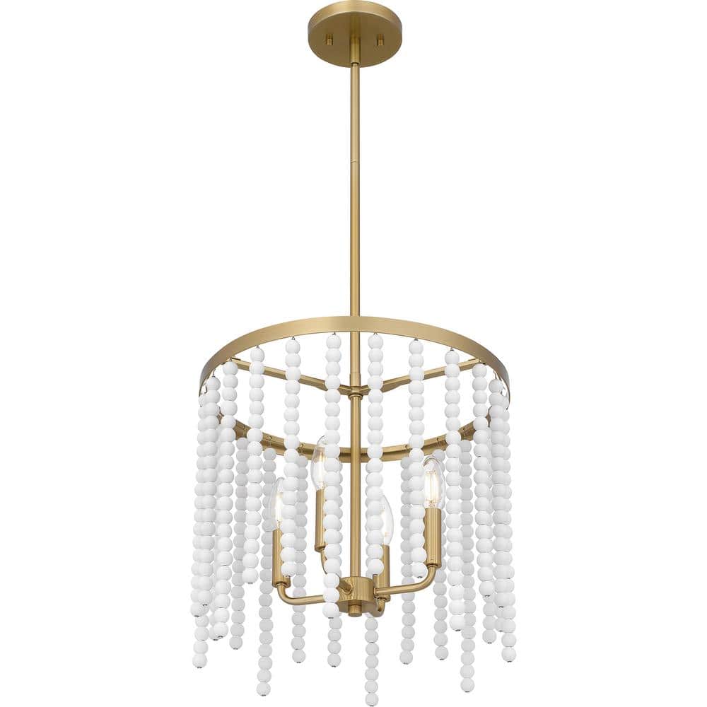 Aged Brass Drum Pendant Light with White Beads