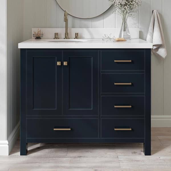 ARIEL Cambridge 42 in. Single Sink Freestanding Bathroom Vanity in Midnight Blue with Pure White Quartz Top