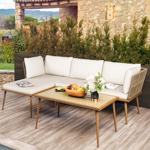 3-Pieces Woven Rattan Outdoor Sectional Patio Furniture L-Shaped Conversation Sofa Set with Beige Cushions