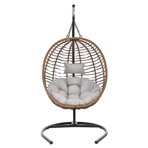 6.5 ft. Brown Wicker U_Style Outdoor Folding Hanging Egg Chair with Stand, Adjustable Anti-Slip Feet & Gray Cushion