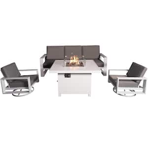 Aluminum Patio Conversation Set with White 41.34 in. Fire Pit Table, Gray Cushion Sofa Set - 2 Swivel+3Seater