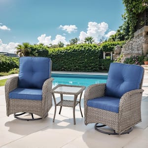 PlainCurve 3-Piece Gray Wicker Swivel Outdoor Rocking Chairs Patio Conversation Set with Olefin Blue Cushions