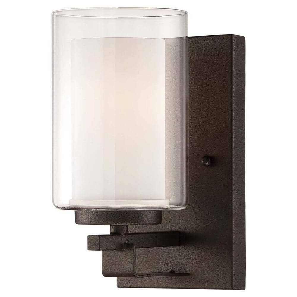 Smoked Iron Cylinder Outdoor Wall Sconce with Etched Glass