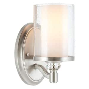 Victoria 60-Watt 1-Light Brushed Nickel Transitional Bathroom Light/Wall Sconce with Frosted/Clear Seeded Shade