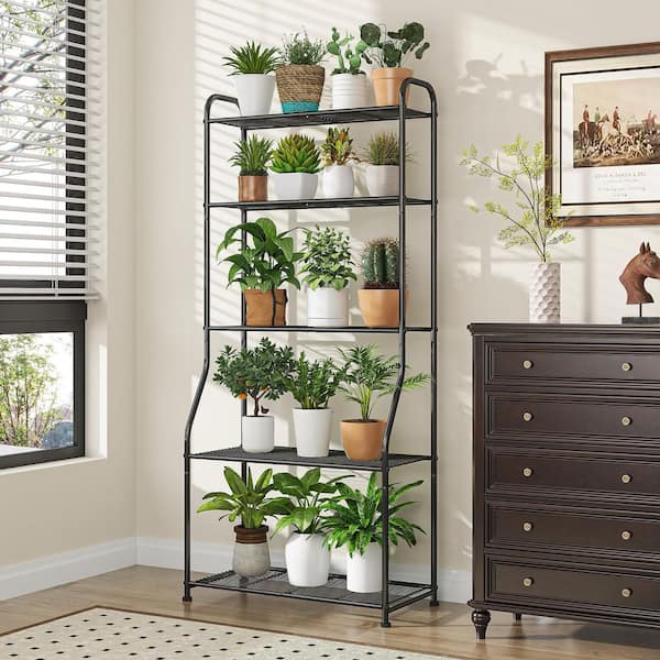Hcman 5-Tier Black Metal Plant Stand Shelf with Waterproof Design