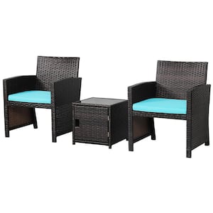 3-Piece Wicker Patio Conversation Set with Turquoise Cushions and Storage Table