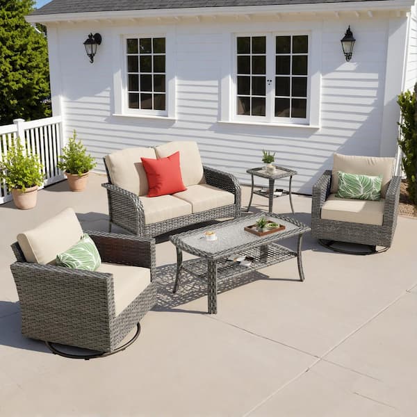 Missisi Gray 5-Piece Wicker Patio Conversation Set with Beige Cushions and Swivel Chairs