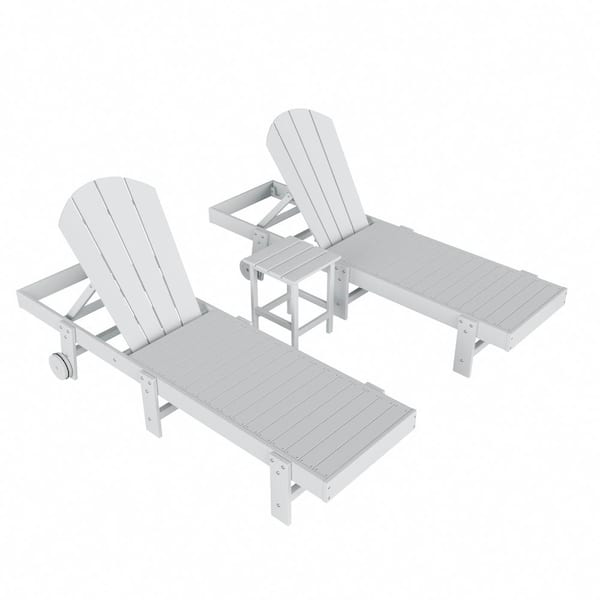 WESTIN OUTDOOR Laguna 3-Piece Outdoor Patio Adjustable HDPE Reclining Adirondack Chaise Lounger with Wheels, Side Table Set, White