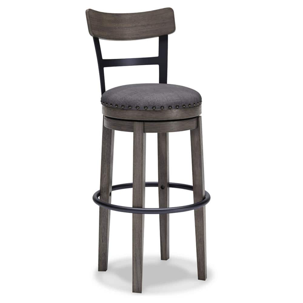 Antiqued Gray Wash Swivel Barstool with Cushioned Seat and Nailhead Trim