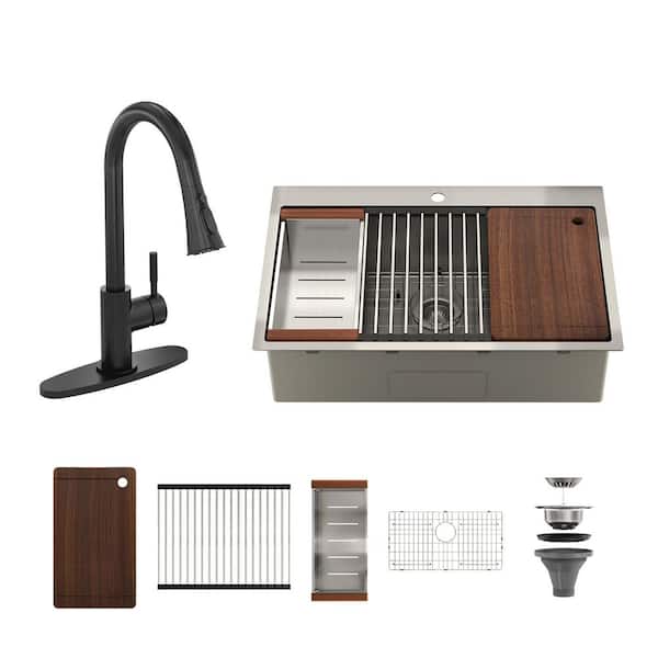 33 in. Drop-In Single Bowl 18-Gauge Brushed Stainless Steel Kitchen Sink with Matte Black Faucet and Accessories Kits