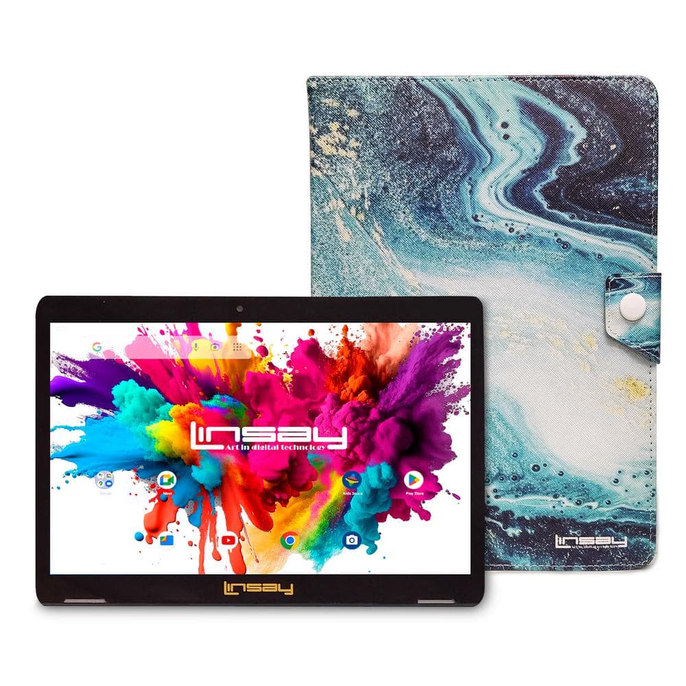 LINSAY 10.1 in. High End Octa Core Tablet 128GB Android 13 with Ocean Marble Protective Case