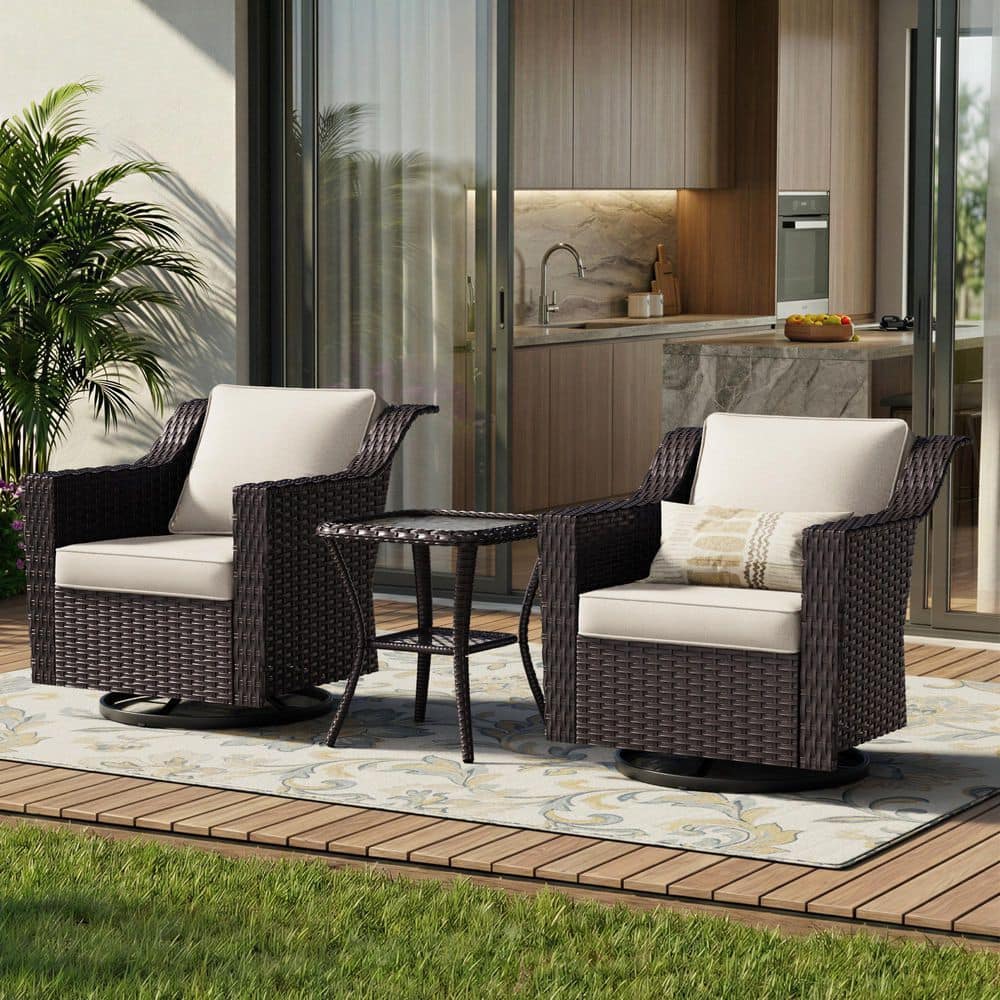 3-Pieces Wicker Outdoor Rocking Chair Patio Conversation Set Swivel Chairs with Beige Cushions price history on PriceWatchPro