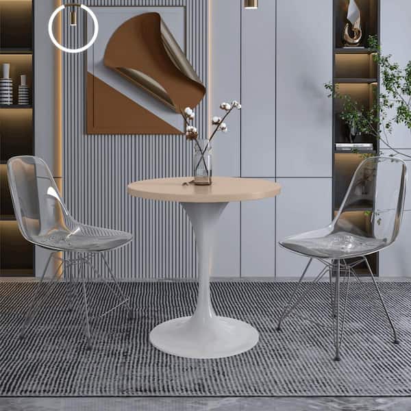 Leisuremod Verve Modern Dining Table with a 27 in. Round MDF Wood Tabletop and White Steel Pedestal Base, Light Natural