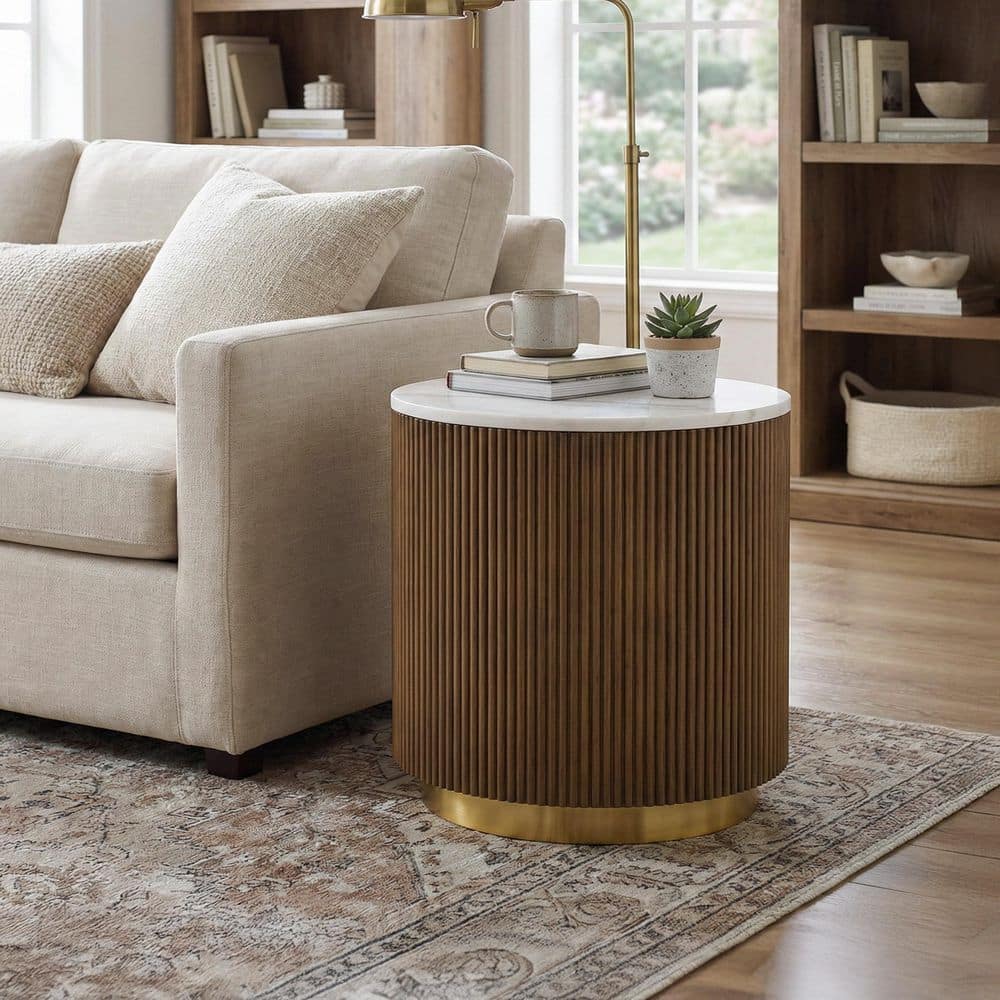 Keith 19.5 in. Brown and White Round Marble Top End Table with Gold Accent Reeded Plinth Base