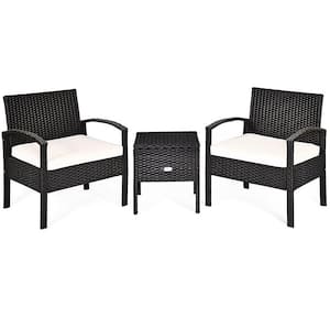 3-Pieces Wicker Patio Conversation Set 2-People Rattan Sofa Seating and Coffee Table Group with Beige Cushion