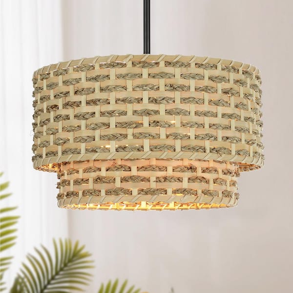 Prime Ray Elowen 14 in. Rustic 2-Light Handcrafted Rattan Chandelier Pendant with Dual Drum Shades, Matte Black, Semi-Flush Mount