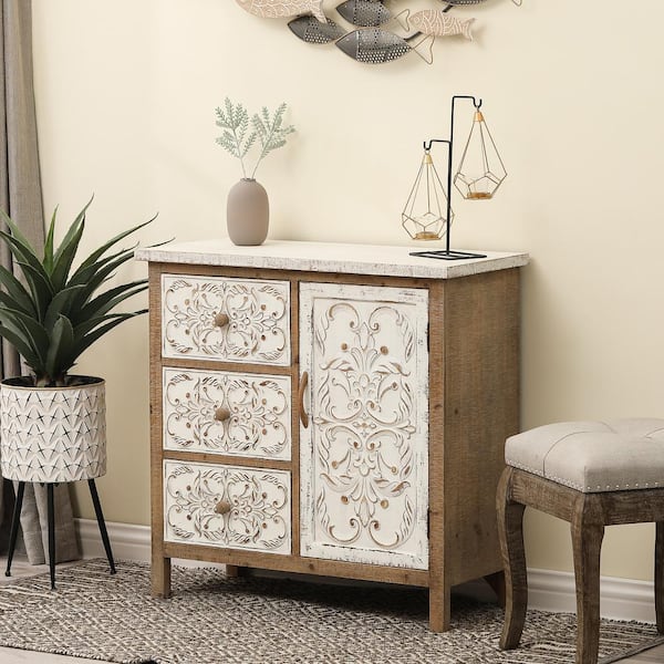 LuxenHome Rustic Wood Floral Accent Cabinet