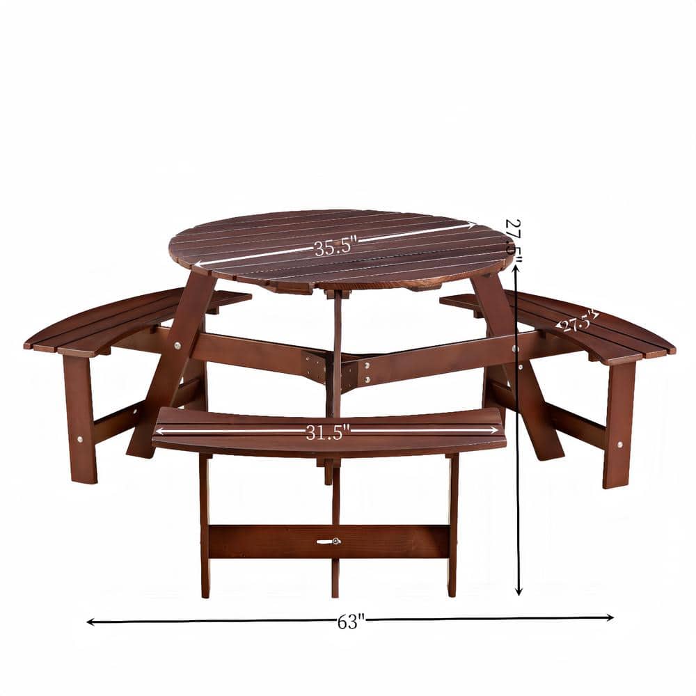 Brown 6-person Round Outdoor Picnic Table with 3-Built-in Benches, Umbrella
