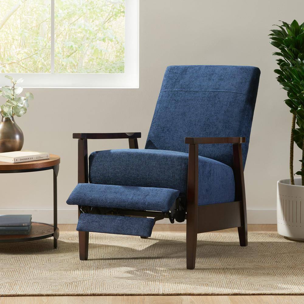 Navy Blue and Chocolate Brown Polyester Club Recliner with Wood Frame