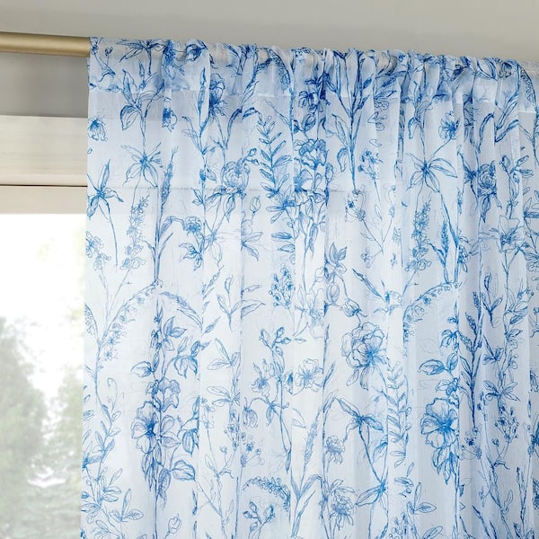 No. 918 Ambree Vintage Floral Chinoiserie Blue Polyester 51 in. W x 63 in. L Rod Pocket Sheer Curtain (Single Panel)
