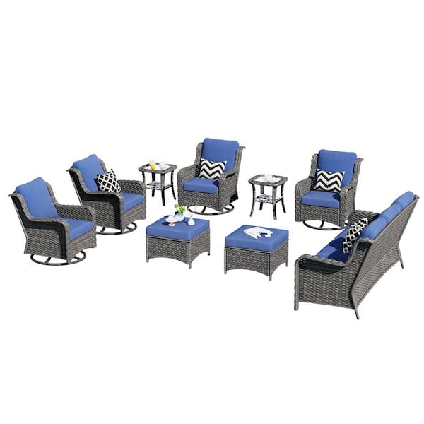 Janus Gray 9-Piece Wicker Patio Conversation Seating Set with Denim Blue Cushions and Swivel Chairs