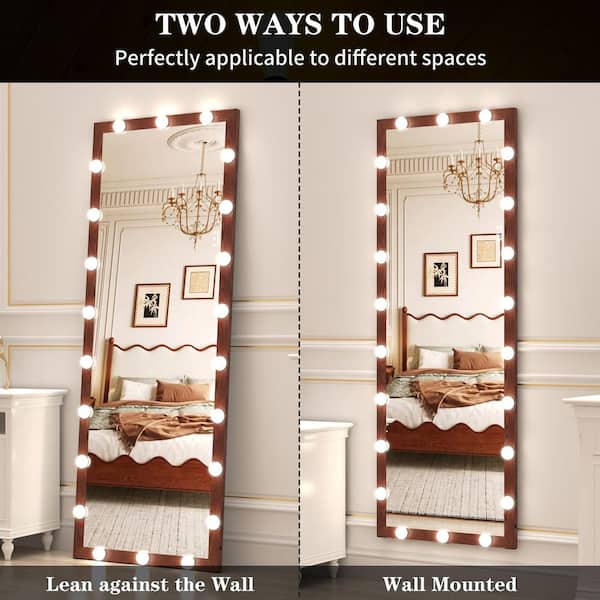 Brown 23.3 in. W x 62.6 in. H Hollywood Rectangle Full-Length LED Floor Mirror with 3-Light Modes, Wall/Standing Mount